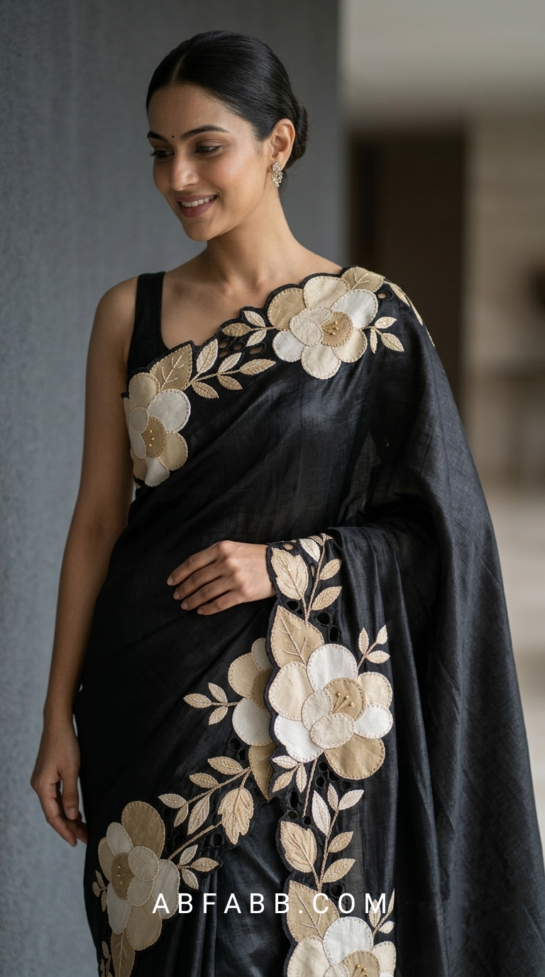 Black Pure Tussar Silk Saree With Cream Floral Applique And Cutwork