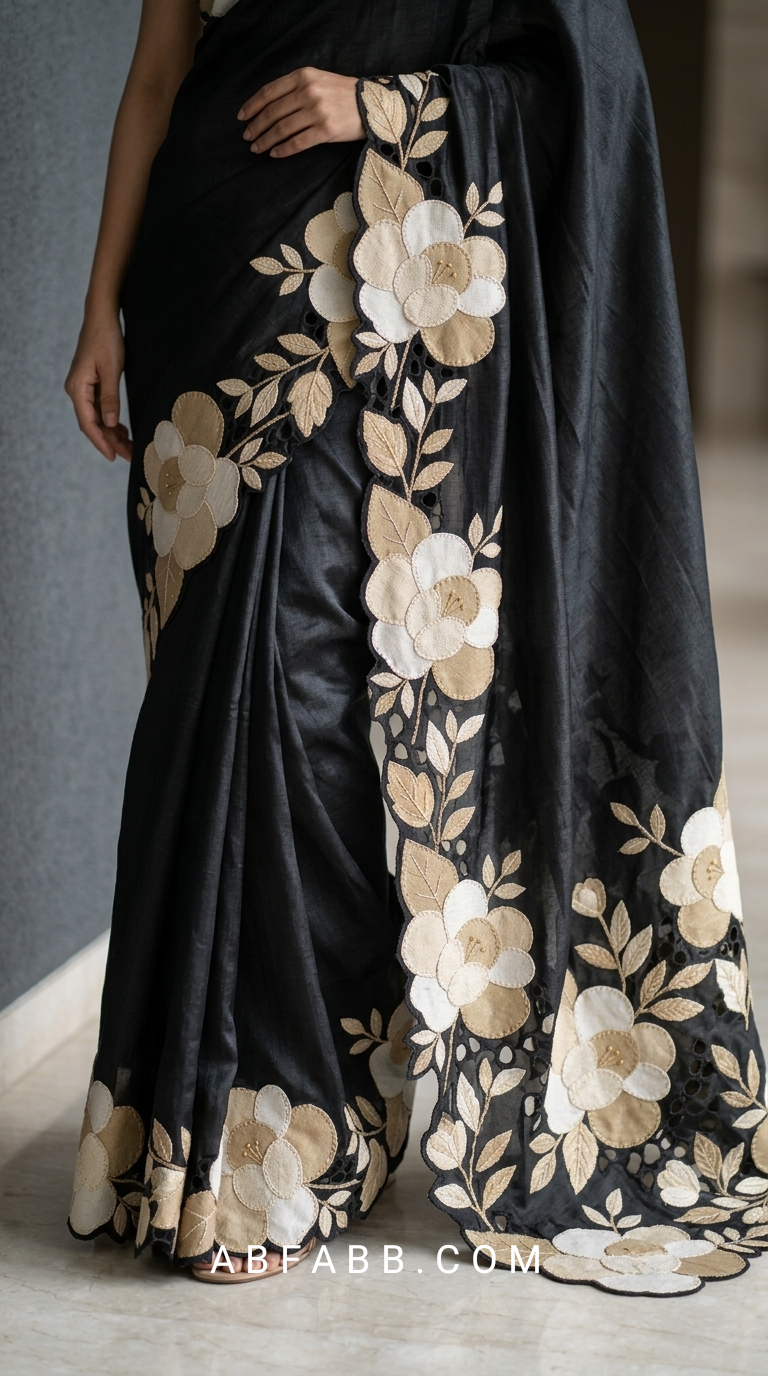 Black Pure Tussar Silk Saree With Cream Floral Applique And Cutwork