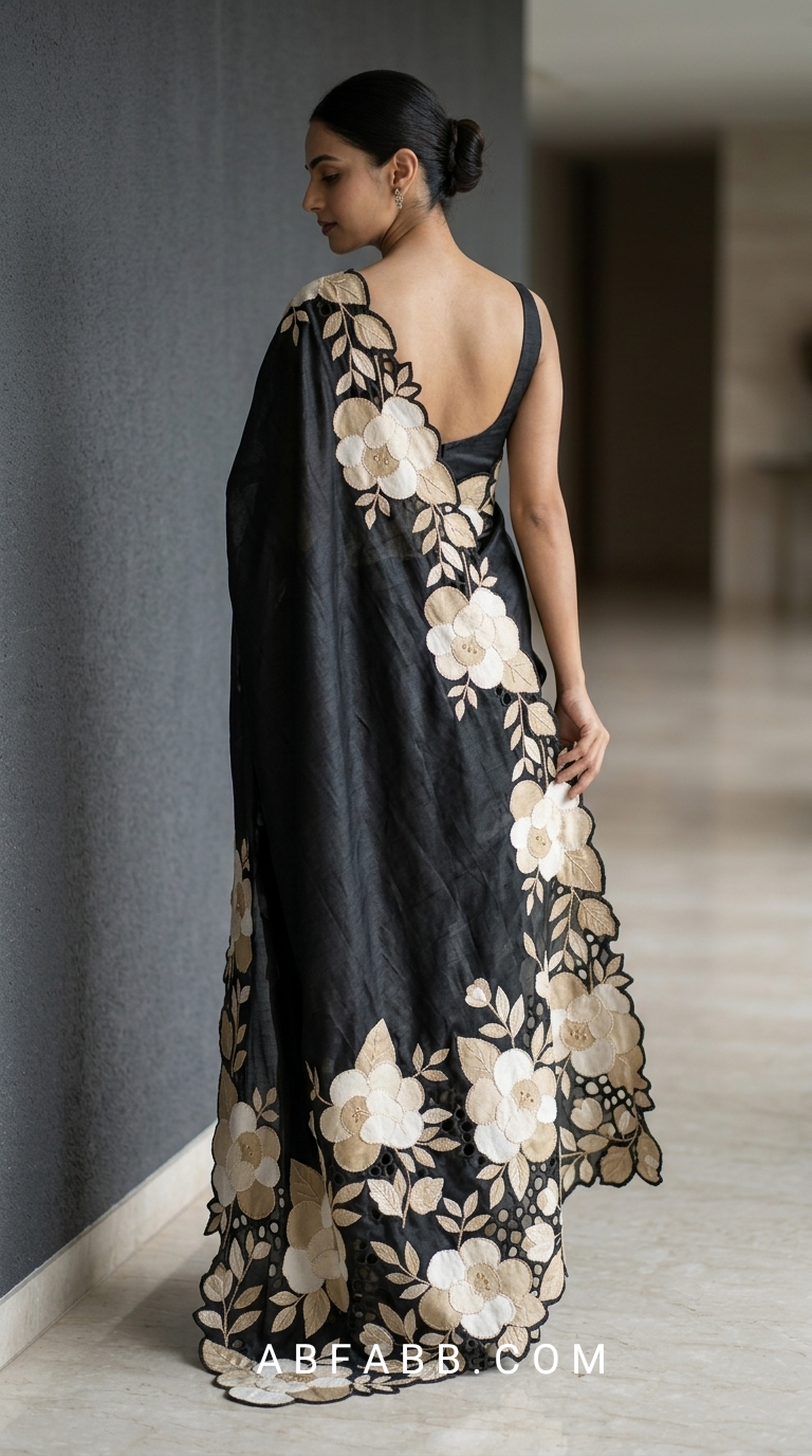 Black Pure Tussar Silk Saree With Cream Floral Applique And Cutwork