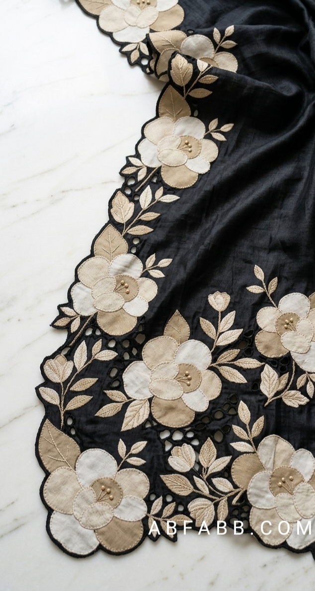 Black Pure Tussar Silk Saree With Cream Floral Applique And Cutwork