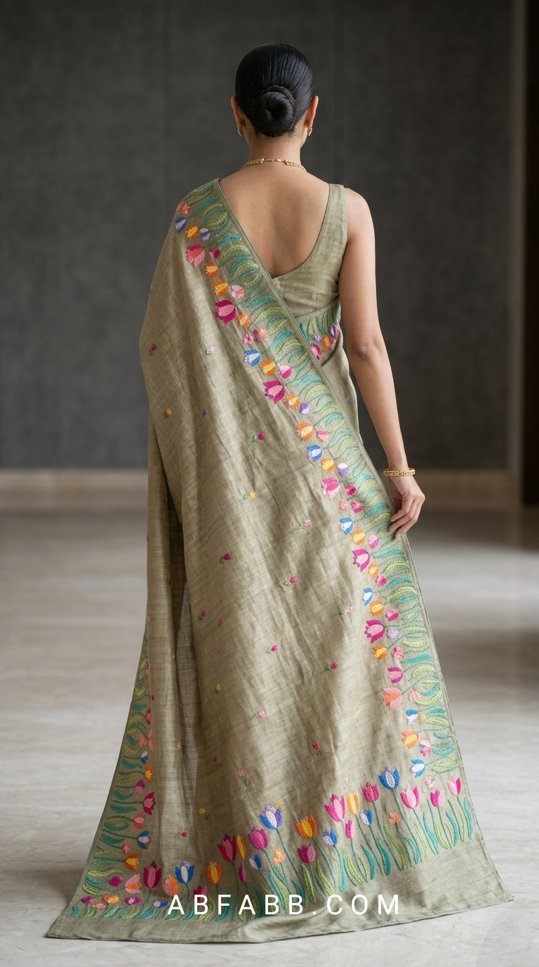 Pure Tussar Silk Saree In Mehendi Green With Multicolored Tulip Embroidery
