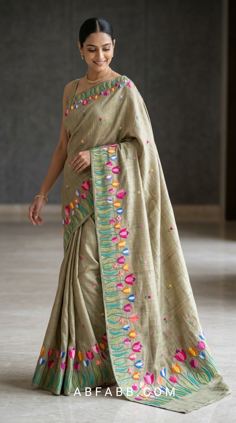 Pure Tussar Silk Saree In Mehendi Green With Multicolored Tulip Embroidery