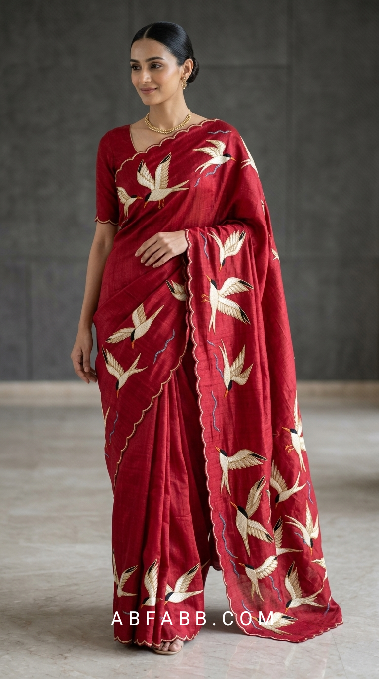 Wings of Ivory – Red Pure Tussar Silk Saree with Swan Embroidery Work