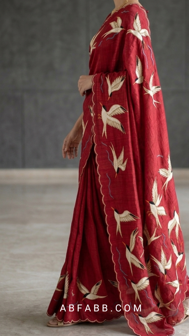 Wings of Ivory – Red Pure Tussar Silk Saree with Swan Embroidery Work