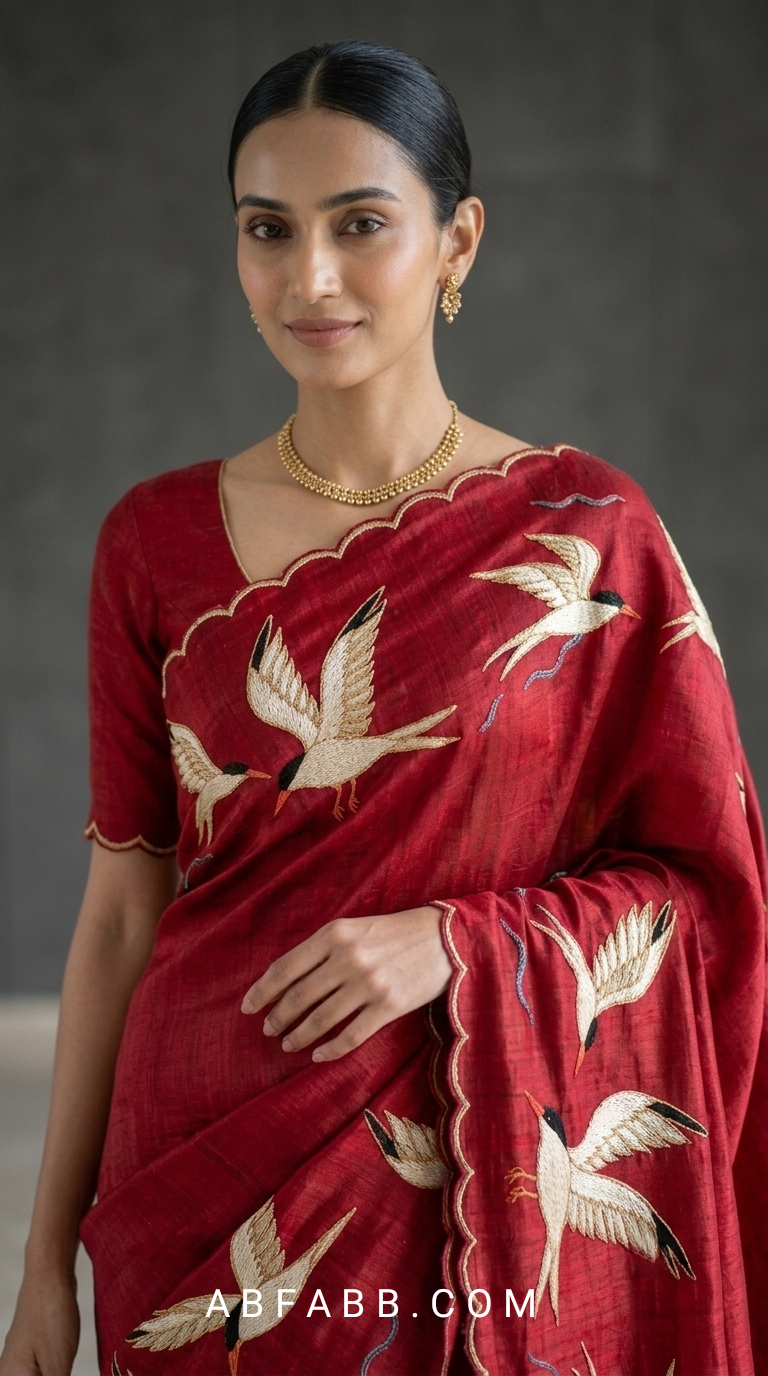 Wings of Ivory – Red Pure Tussar Silk Saree with Swan Embroidery Work