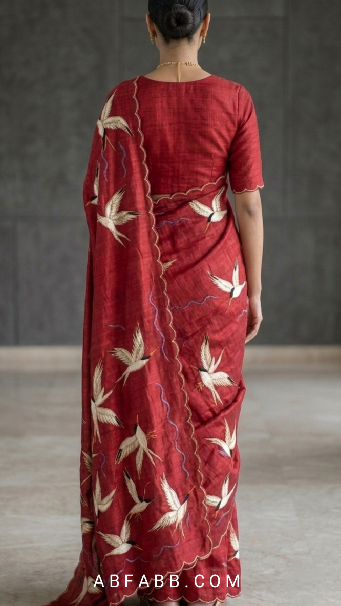 Wings of Ivory – Red Pure Tussar Silk Saree with Swan Embroidery Work