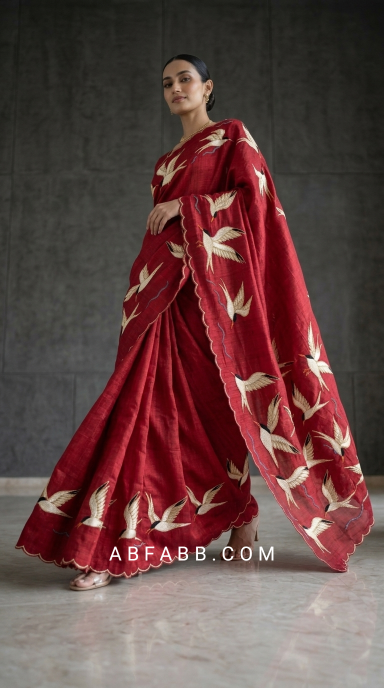 Wings of Ivory – Red Pure Tussar Silk Saree with Swan Embroidery Work