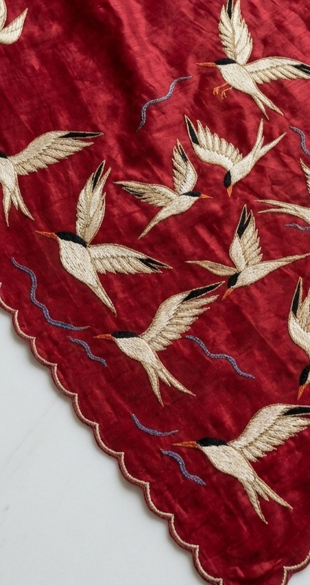Wings of Ivory – Red Pure Tussar Silk Saree with Swan Embroidery Work