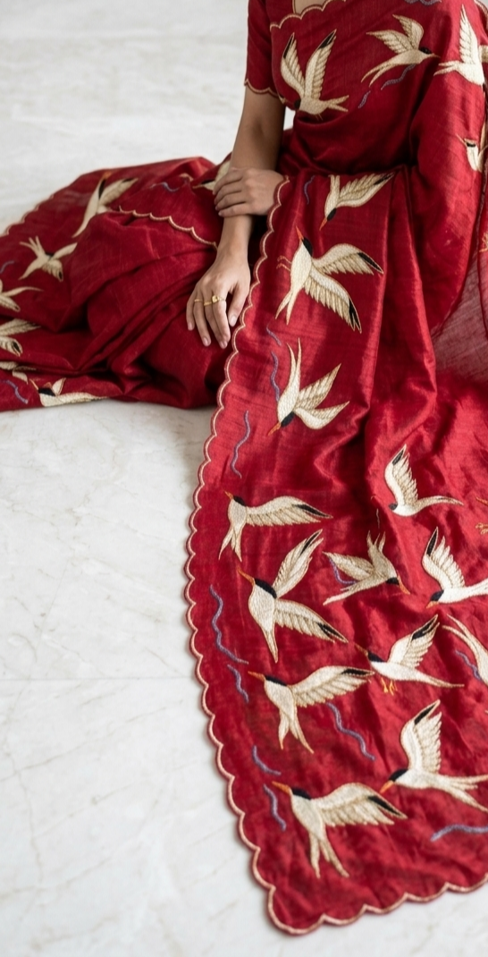 Wings of Ivory – Red Pure Tussar Silk Saree with Swan Embroidery Work