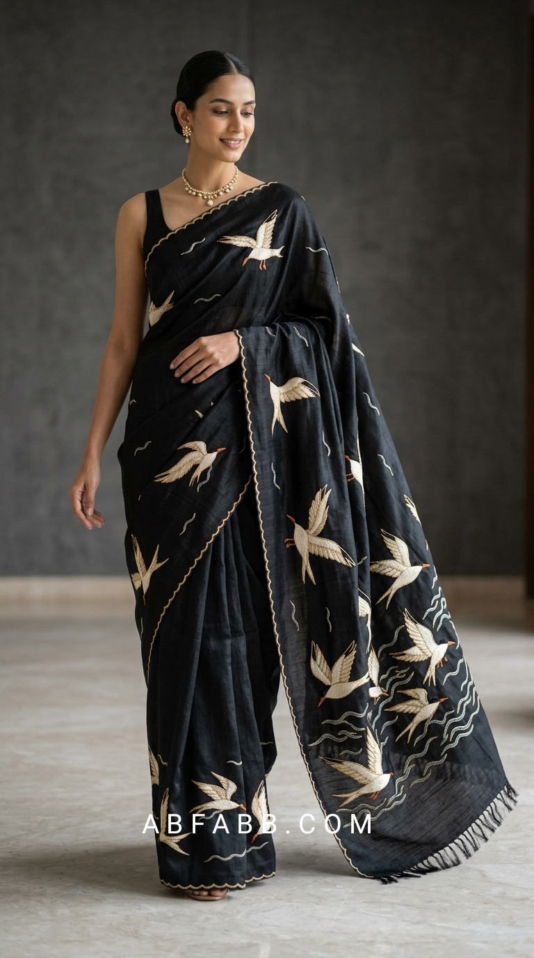 Wings of Pearl – Black Pure Tussar Silk Saree with Swan Embroidery Work