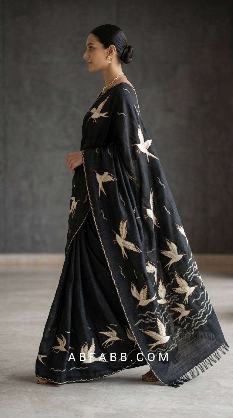 Wings of Pearl – Black Pure Tussar Silk Saree with Swan Embroidery Work