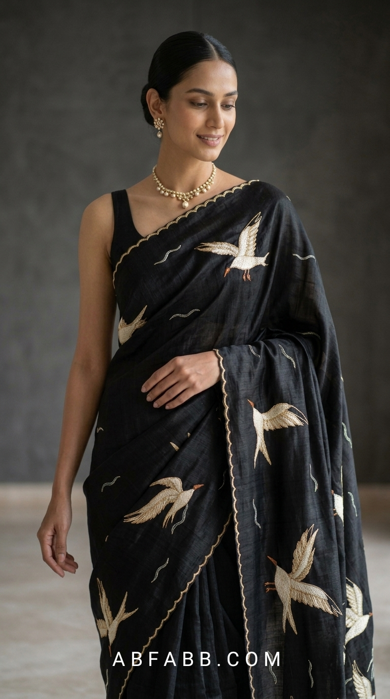 Wings of Pearl – Black Pure Tussar Silk Saree with Swan Embroidery Work