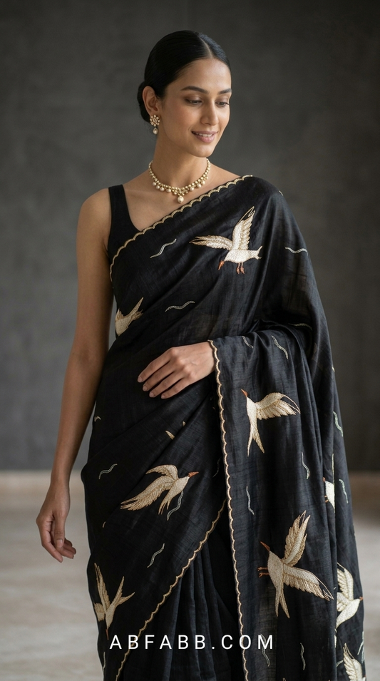 Wings of Pearl – Black Pure Tussar Silk Saree with Swan Embroidery Work
