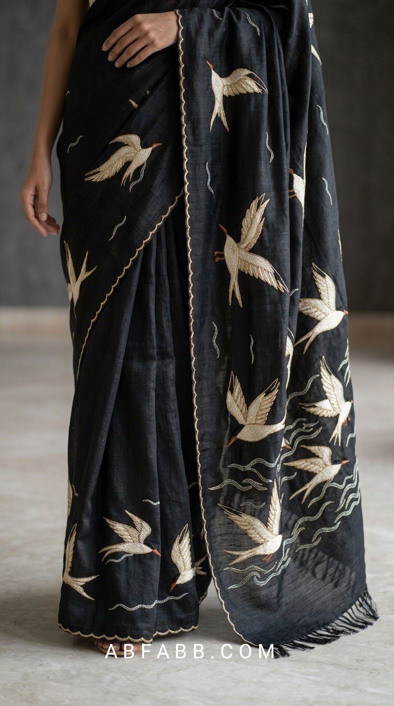Wings of Pearl – Black Pure Tussar Silk Saree with Swan Embroidery Work