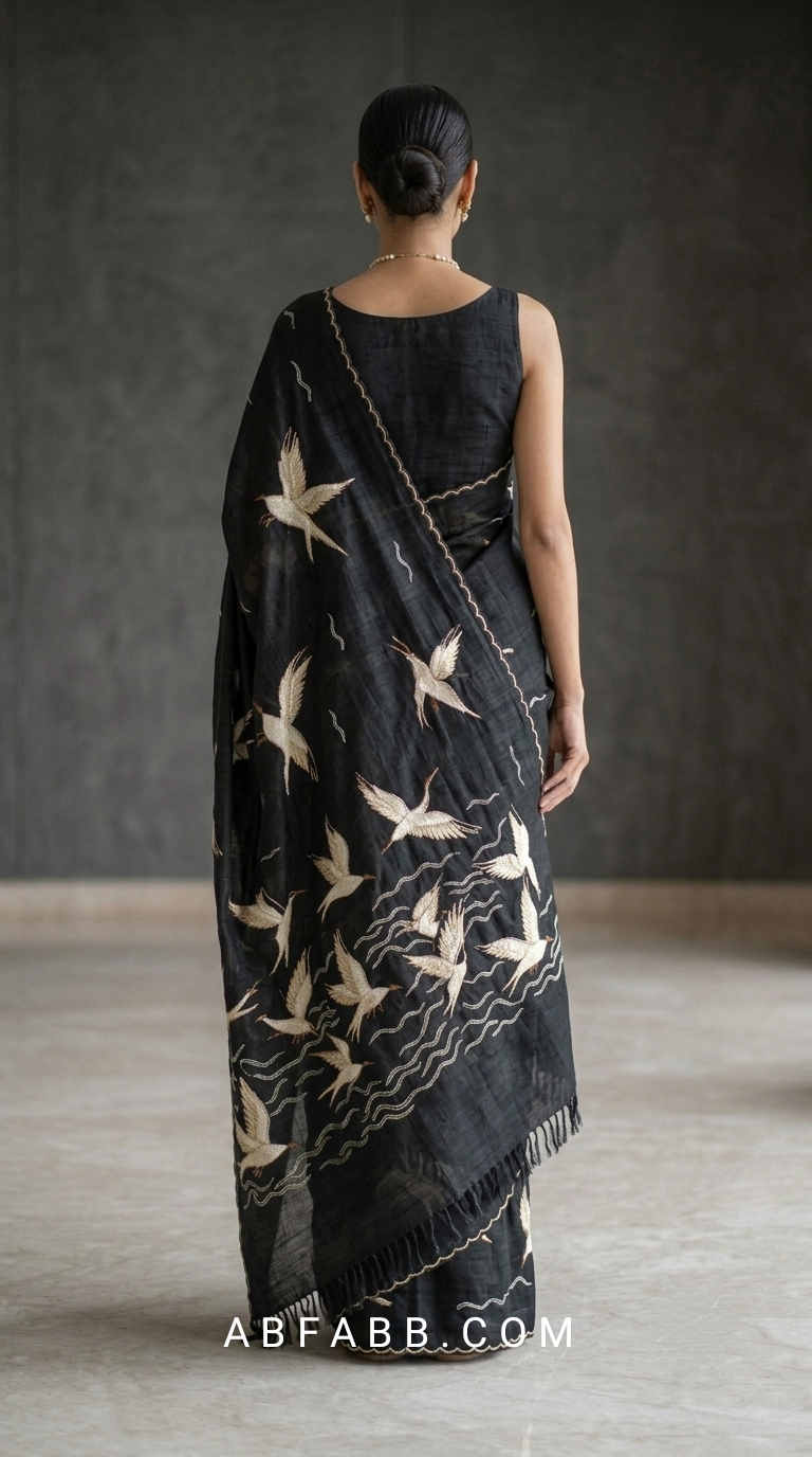 Wings of Pearl – Black Pure Tussar Silk Saree with Swan Embroidery Work