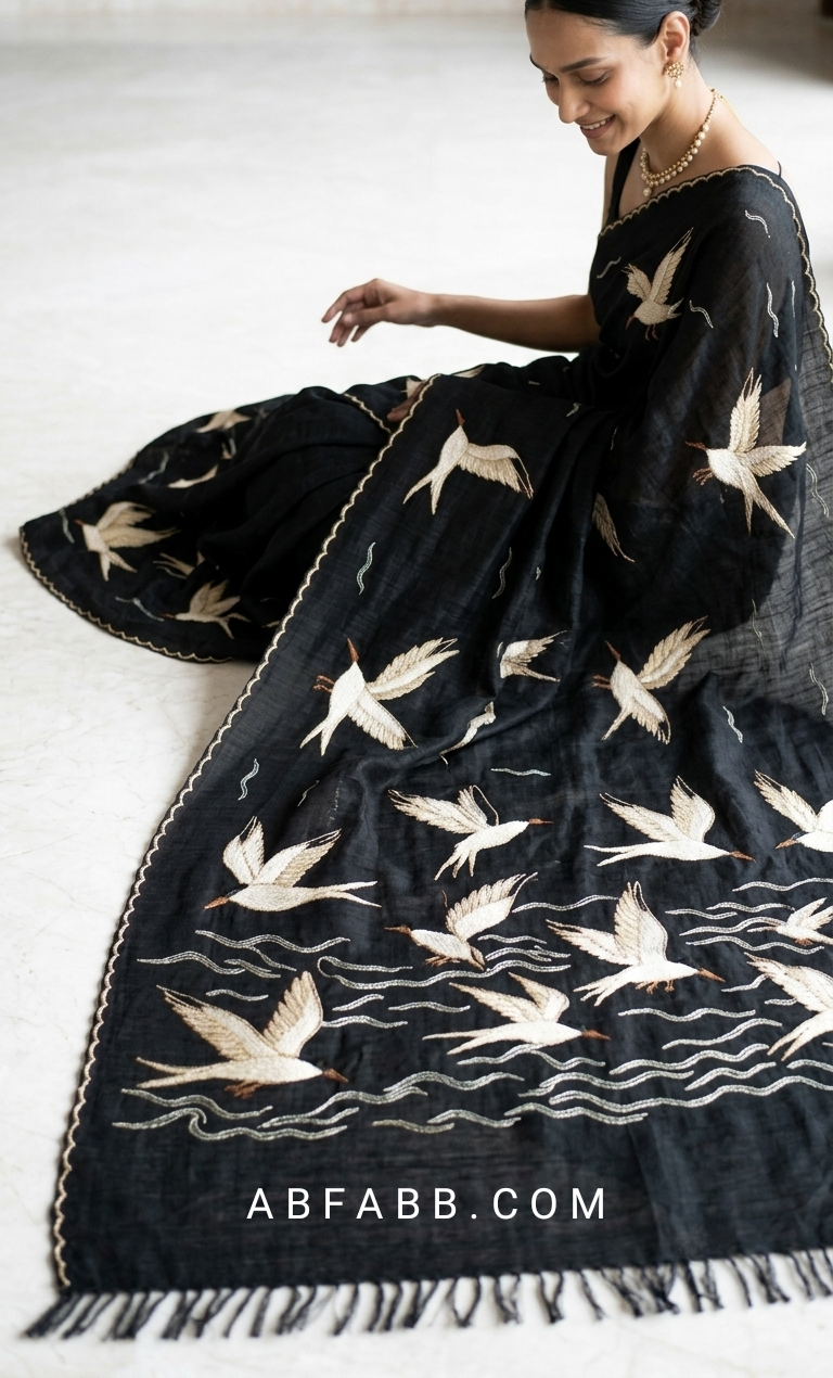 Wings of Pearl – Black Pure Tussar Silk Saree with Swan Embroidery Work