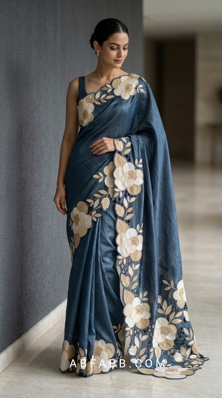 Indigo Blue Pure Tussar Silk Saree With Cream Floral Applique And Cutwork