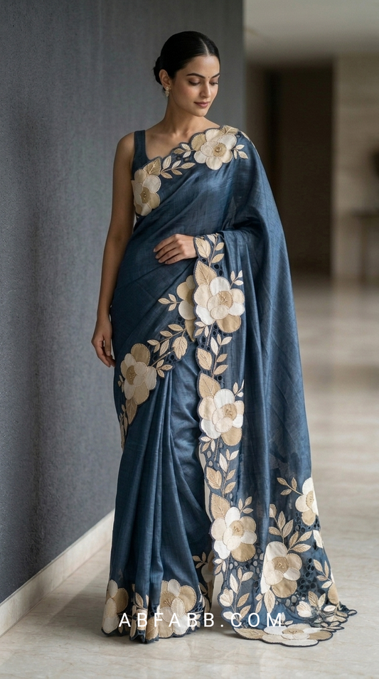 Indigo Blue Pure Tussar Silk Saree With Cream Floral Applique And Cutwork