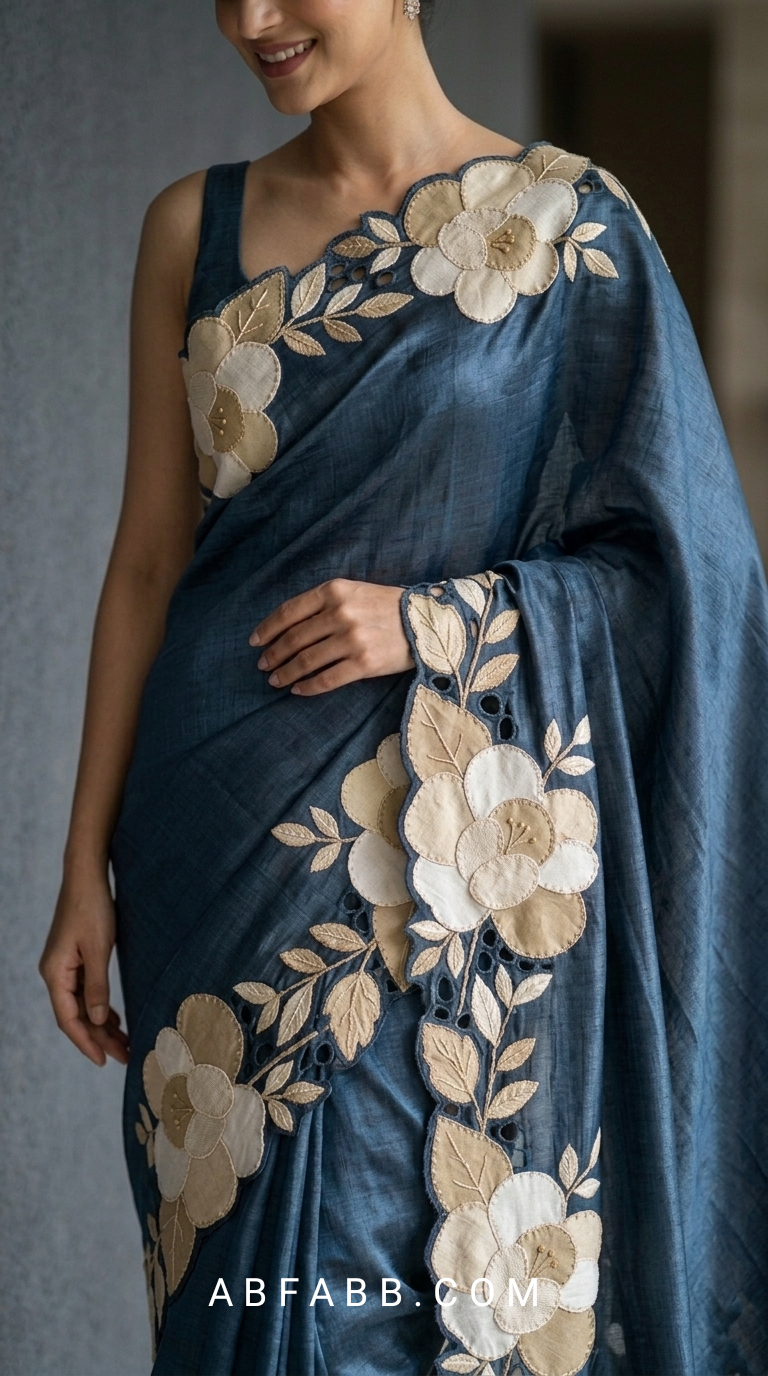 Indigo Blue Pure Tussar Silk Saree With Cream Floral Applique And Cutwork