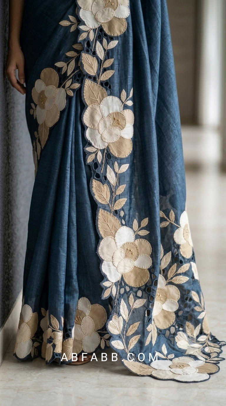 Indigo Blue Pure Tussar Silk Saree With Cream Floral Applique And Cutwork