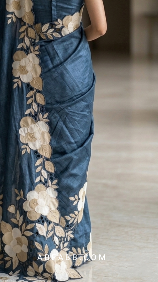 Indigo Blue Pure Tussar Silk Saree With Cream Floral Applique And Cutwork