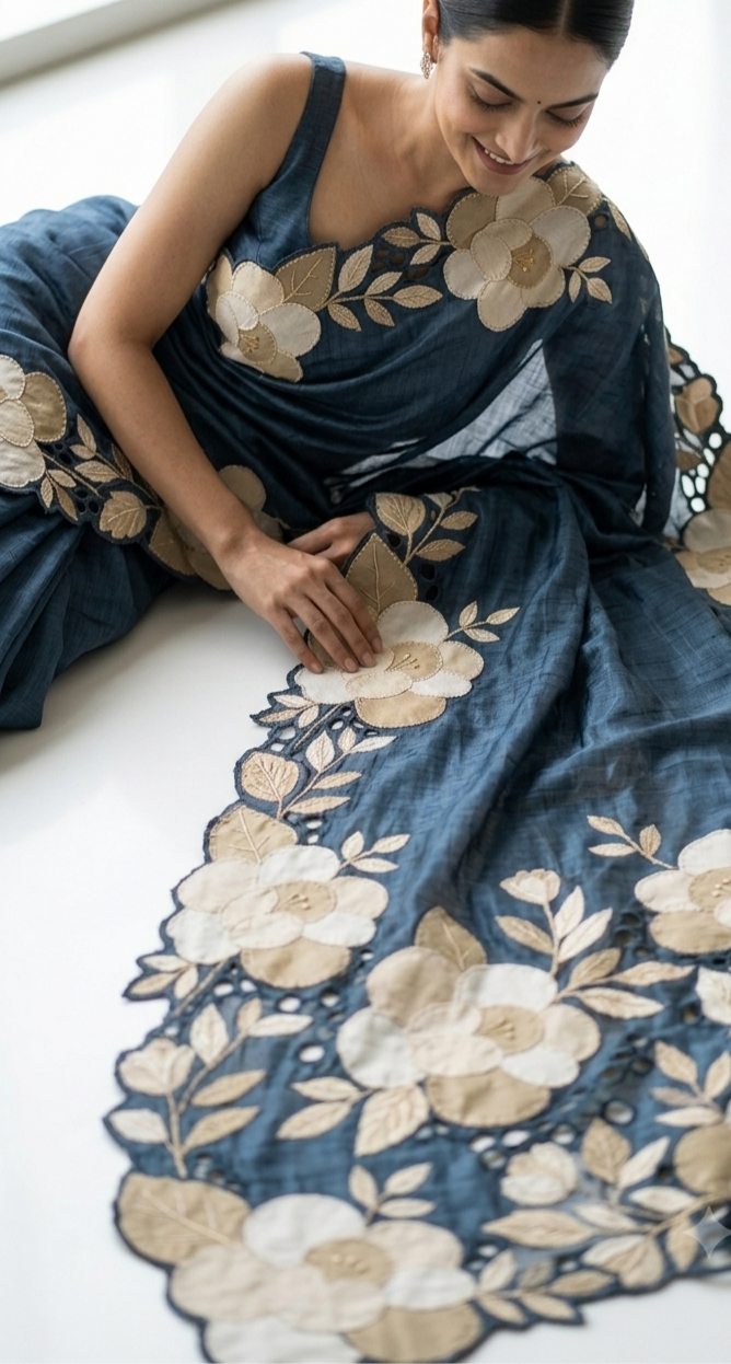 Indigo Blue Pure Tussar Silk Saree With Cream Floral Applique And Cutwork