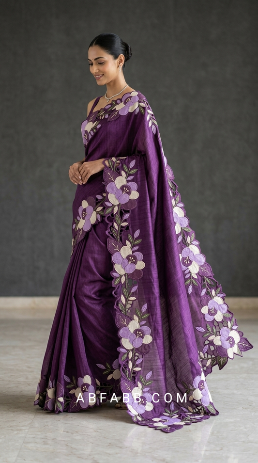 Purple Pure Tussar Silk Saree With Lavender Floral Applique And Cutwork