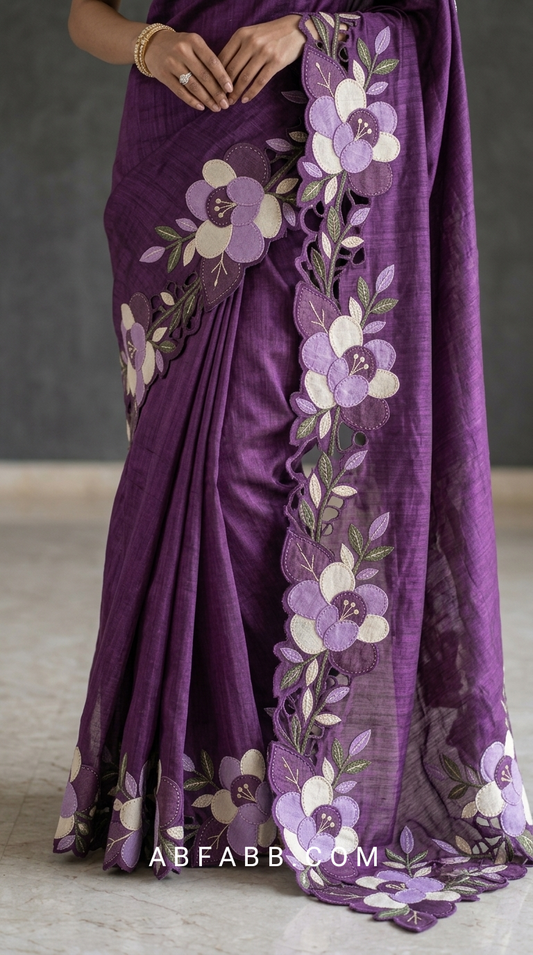 Purple Pure Tussar Silk Saree With Lavender Floral Applique And Cutwork