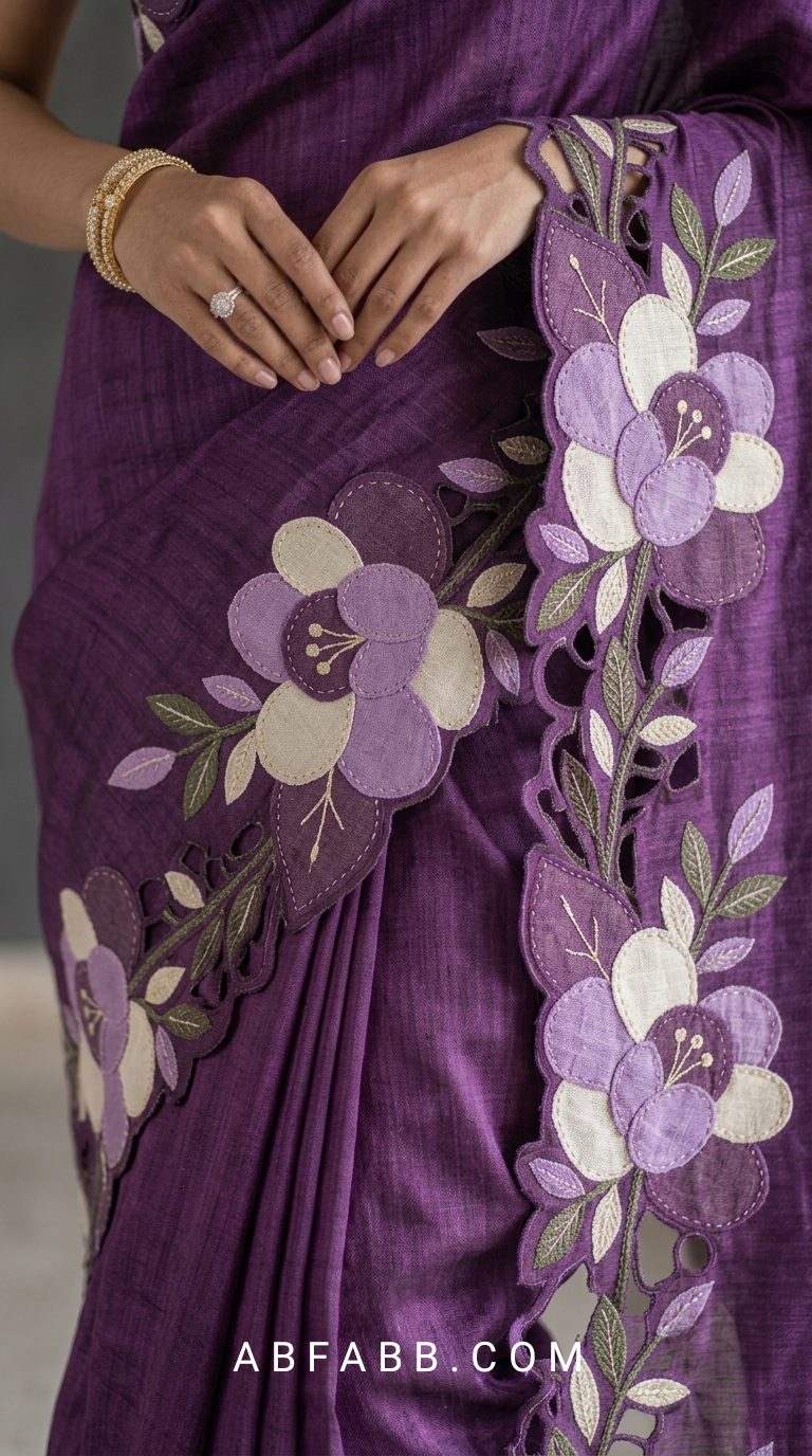 Purple Pure Tussar Silk Saree With Lavender Floral Applique And Cutwork