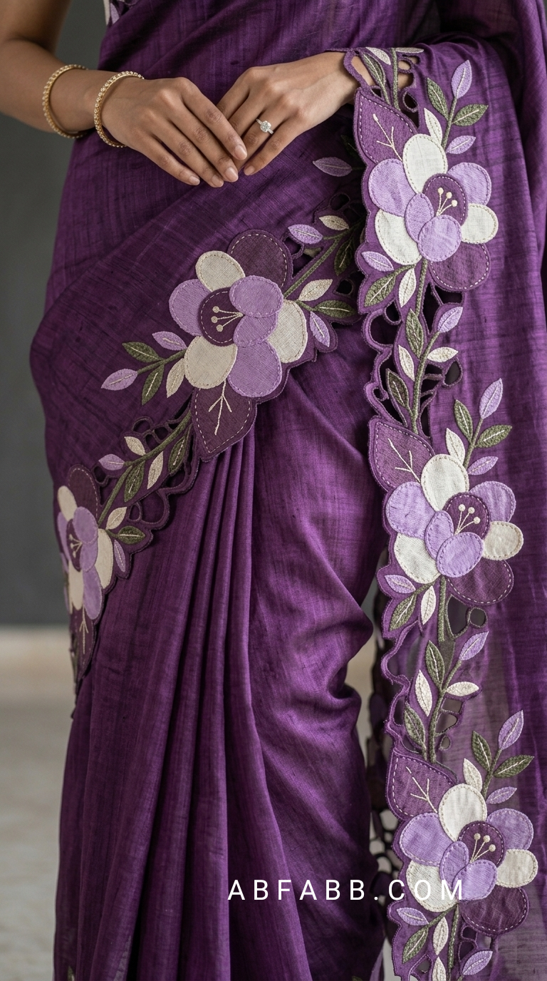 Purple Pure Tussar Silk Saree With Lavender Floral Applique And Cutwork