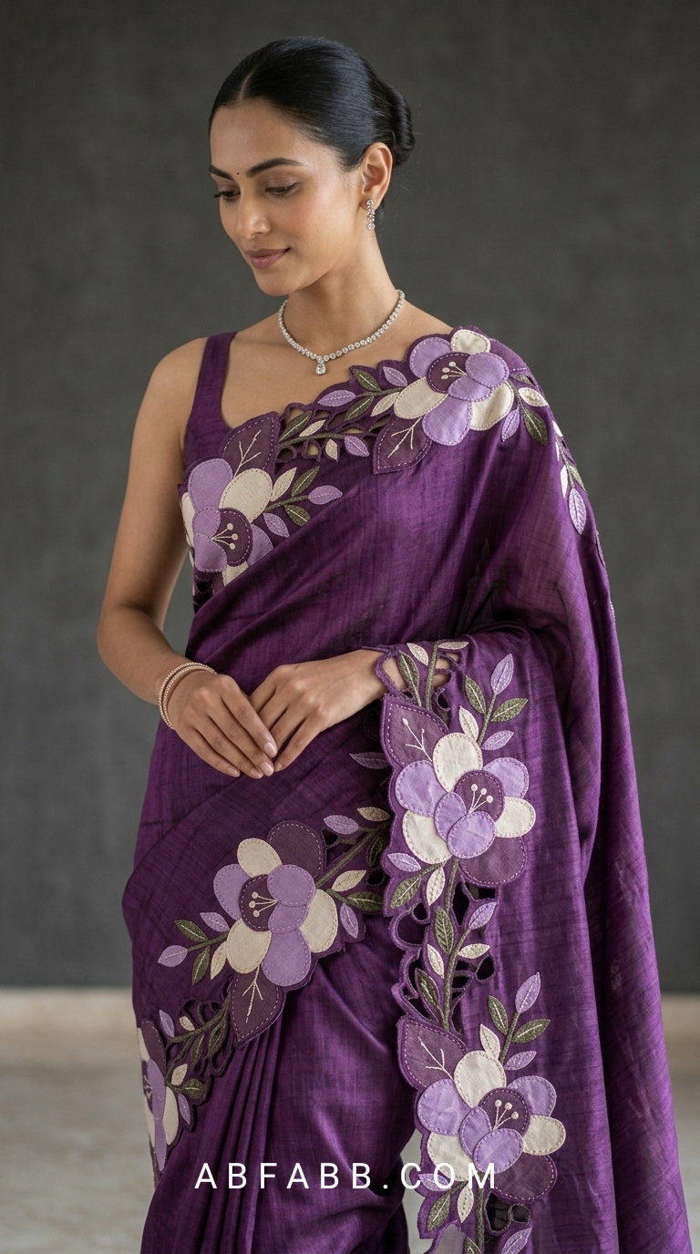 Purple Pure Tussar Silk Saree With Lavender Floral Applique And Cutwork