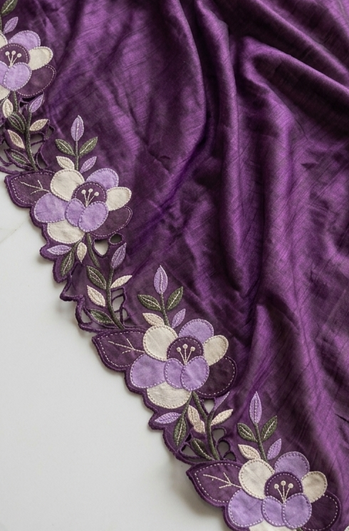 Purple Pure Tussar Silk Saree With Lavender Floral Applique And Cutwork