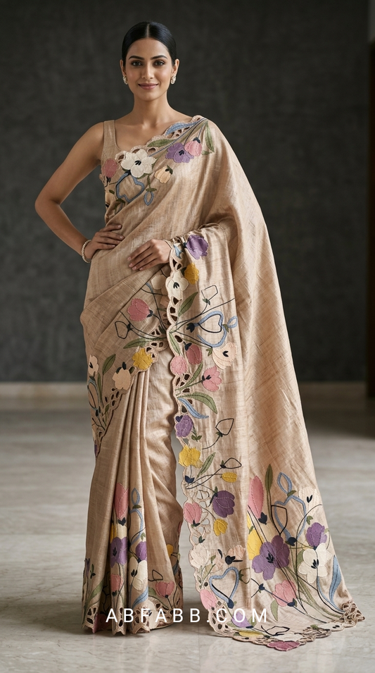 Pure Tussar Silk Saree with Multicolor Floral Applique Work And Cutwork