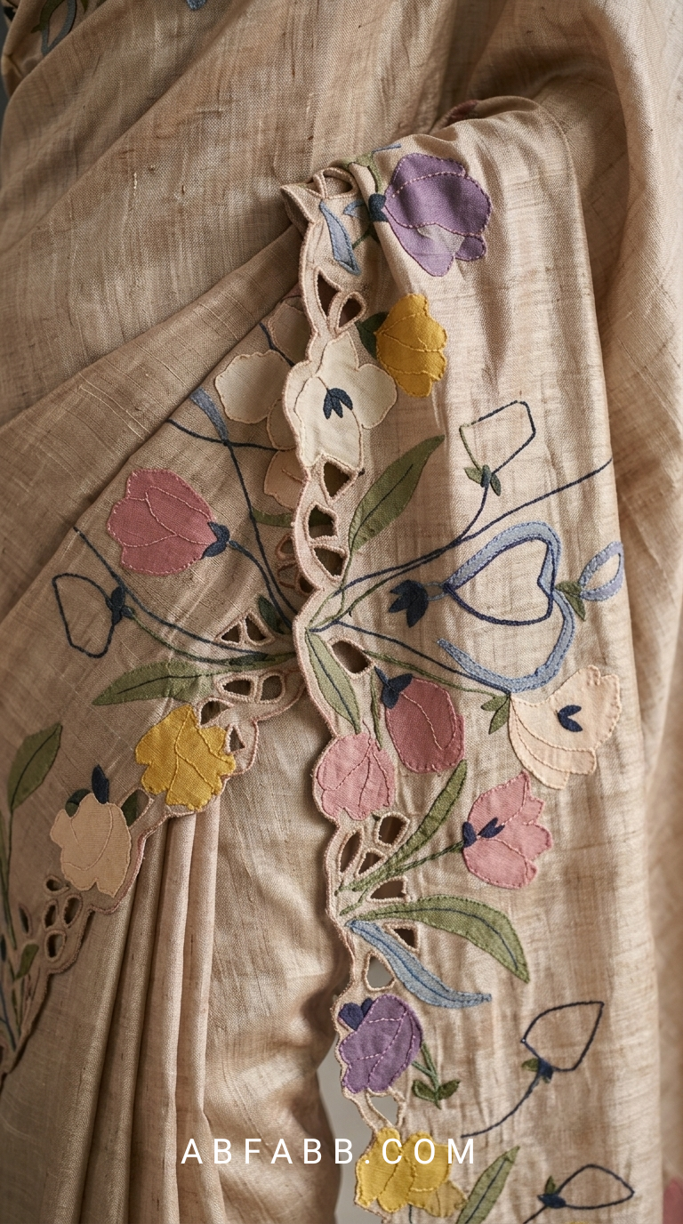 Pure Tussar Silk Saree with Multicolor Floral Applique Work And Cutwork