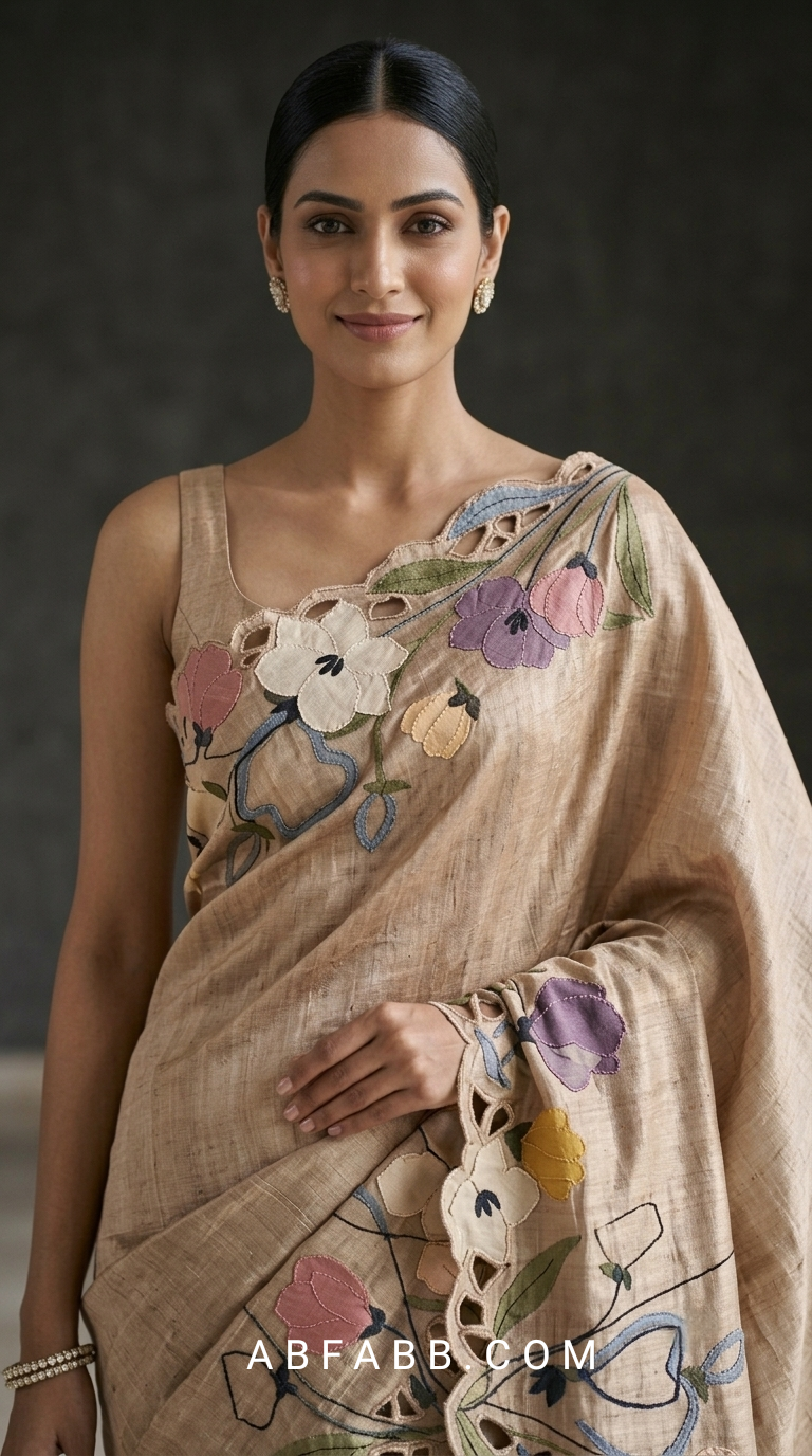 Pure Tussar Silk Saree with Multicolor Floral Applique Work And Cutwork