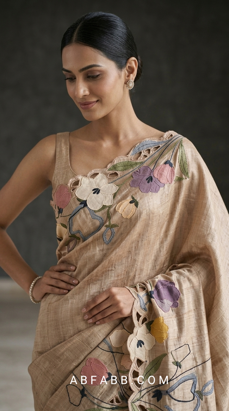 Pure Tussar Silk Saree with Multicolor Floral Applique Work And Cutwork