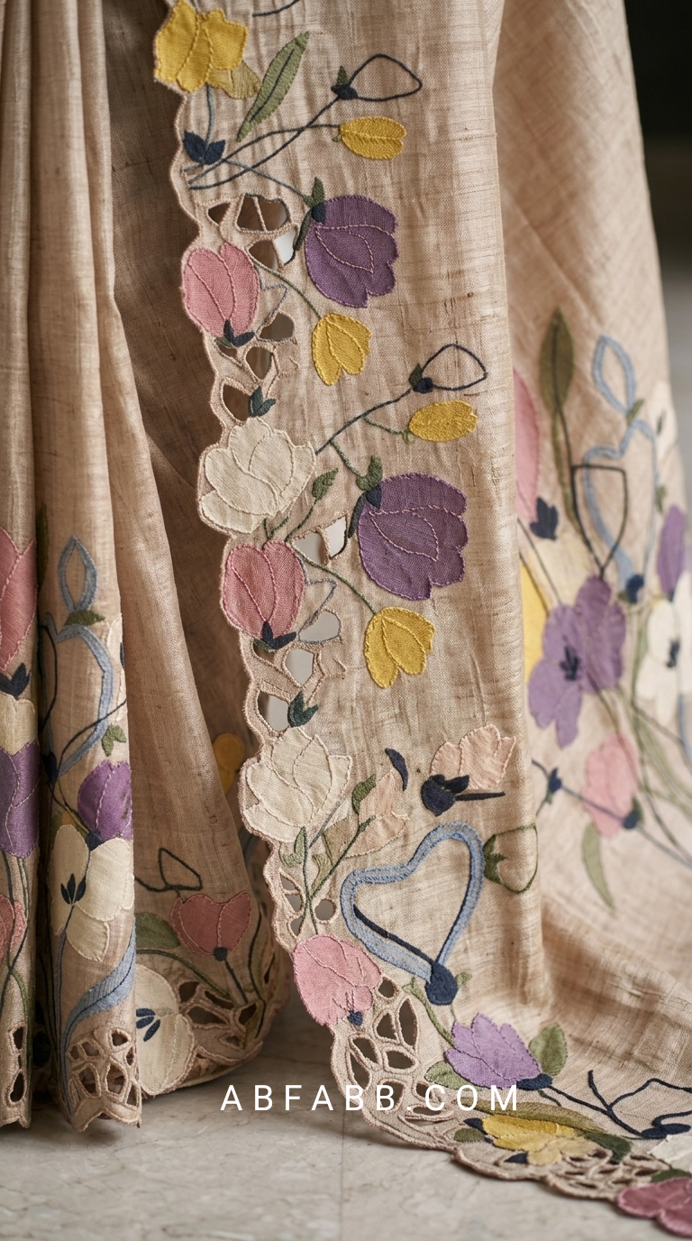 Pure Tussar Silk Saree with Multicolor Floral Applique Work And Cutwork