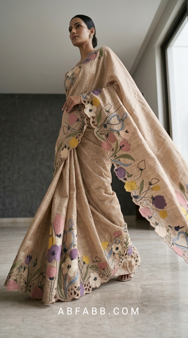 Pure Tussar Silk Saree with Multicolor Floral Applique Work And Cutwork