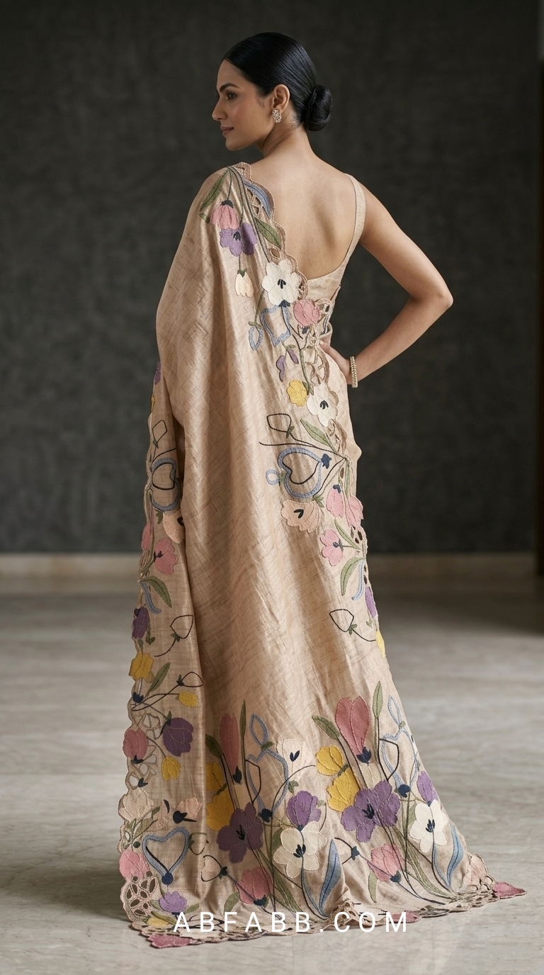 Pure Tussar Silk Saree with Multicolor Floral Applique Work And Cutwork
