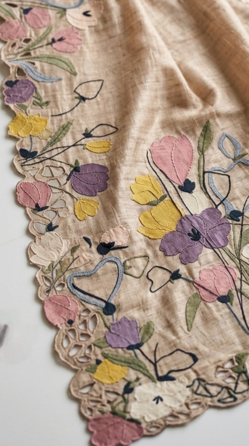 Pure Tussar Silk Saree with Multicolor Floral Applique Work And Cutwork