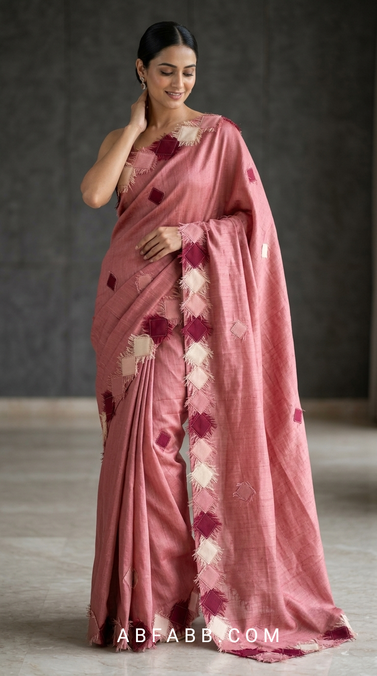 Rose Pink Pure Tussar Silk Saree with Diamond Patch Applique Work