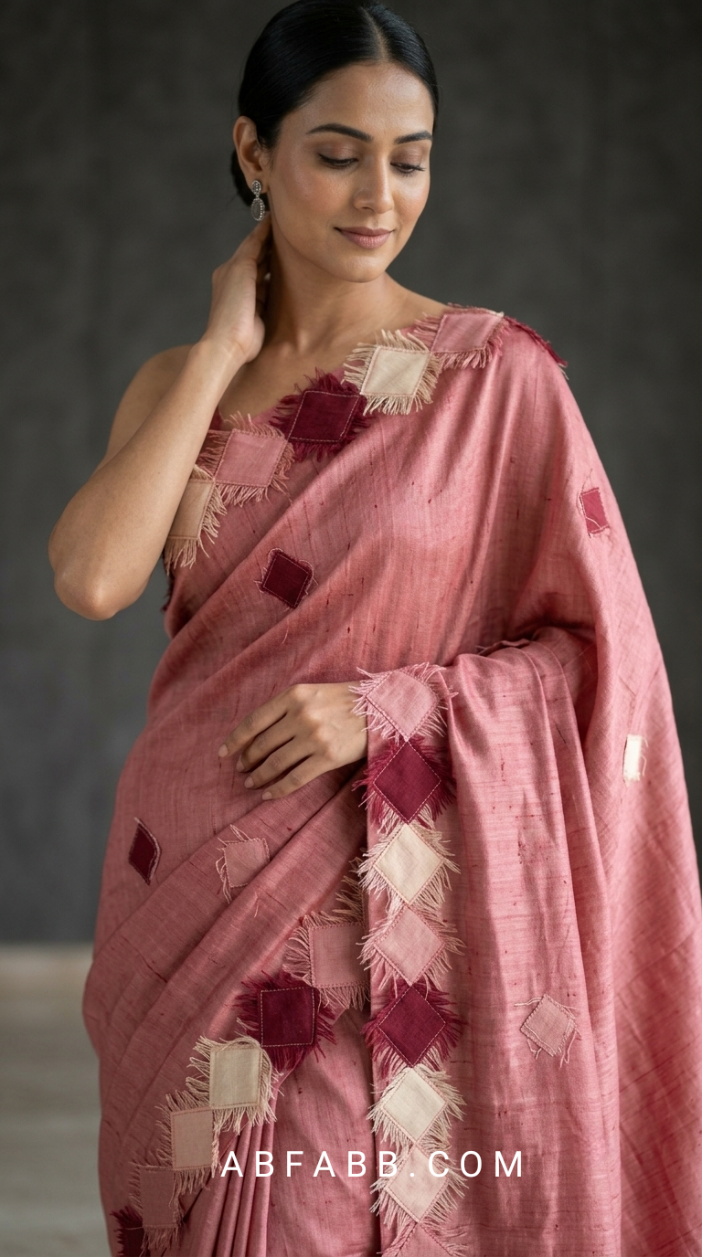 Rose Pink Pure Tussar Silk Saree with Diamond Patch Applique Work