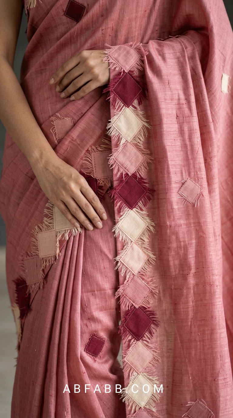 Rose Pink Pure Tussar Silk Saree with Diamond Patch Applique Work