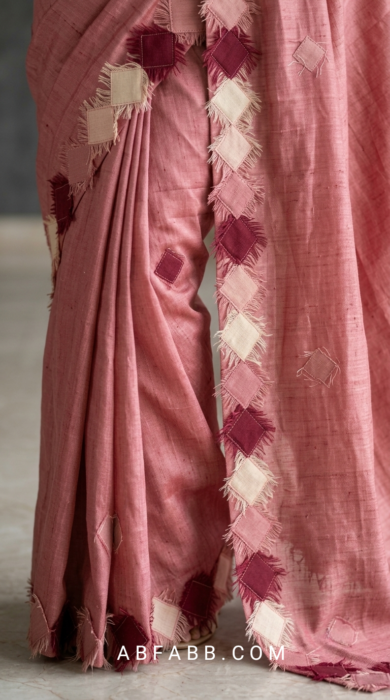 Rose Pink Pure Tussar Silk Saree with Diamond Patch Applique Work