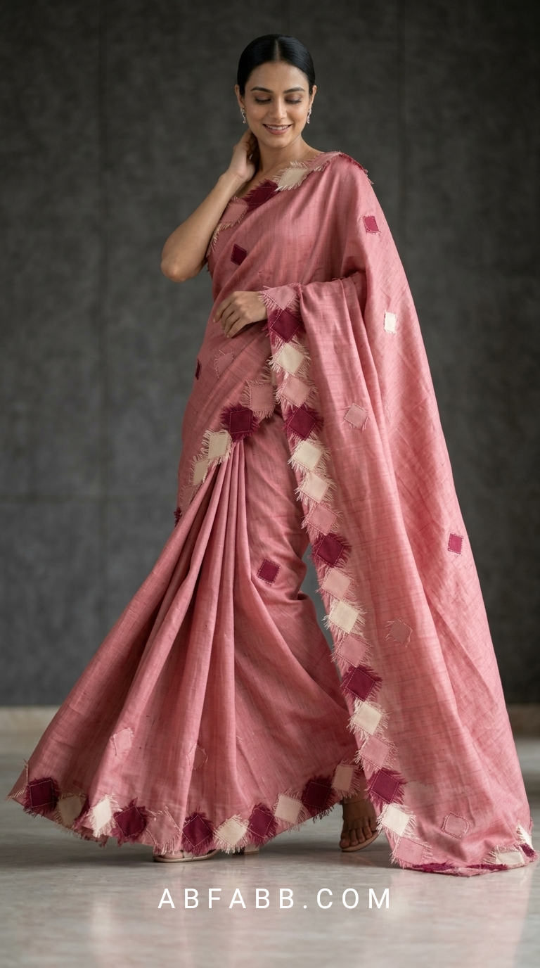 Rose Pink Pure Tussar Silk Saree with Diamond Patch Applique Work