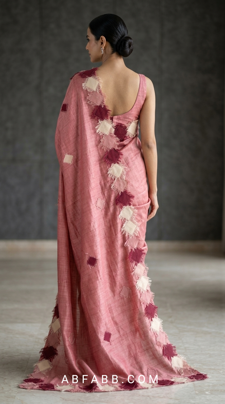 Rose Pink Pure Tussar Silk Saree with Diamond Patch Applique Work