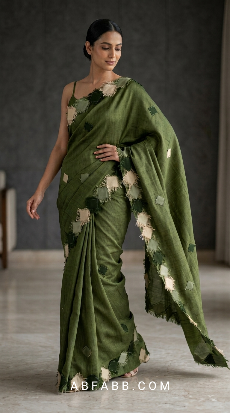 Olive Green Pure Tussar Silk Saree with Diamond Patch Applique Work