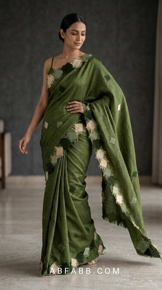 Olive Green Pure Tussar Silk Saree with Diamond Patch Applique Work
