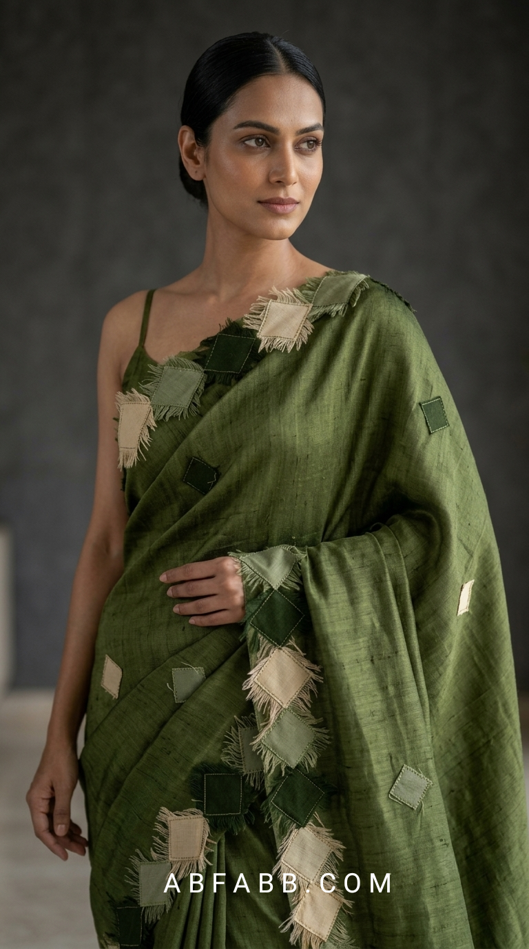 Olive Green Pure Tussar Silk Saree with Diamond Patch Applique Work