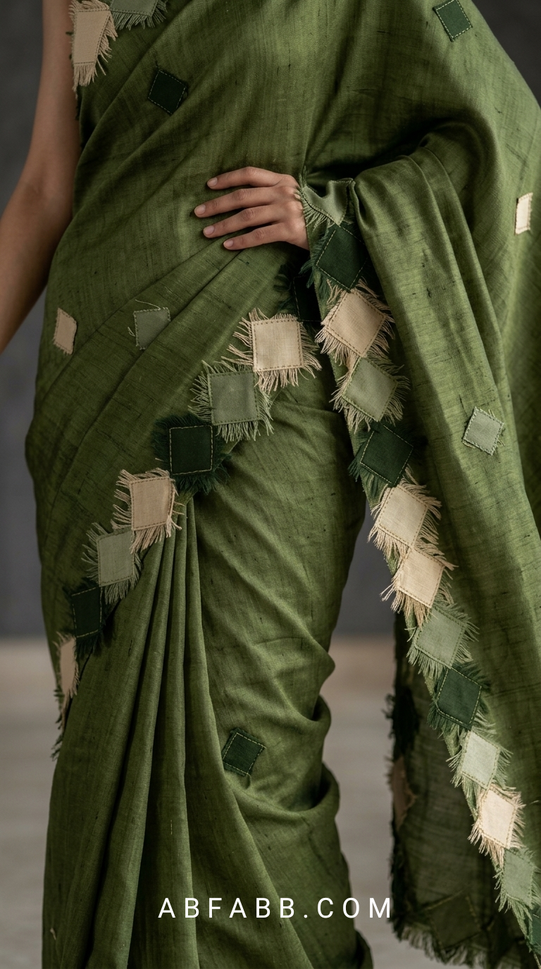 Olive Green Pure Tussar Silk Saree with Diamond Patch Applique Work